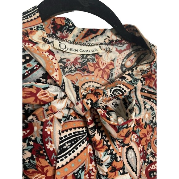 Vintage 70s Queens Casuals Earthtone Paisley Abstract Secretary Disco Pussybow - Picture 4 of 6